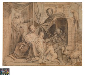 Německy: Svatá rodina s Alžbětou a svatým Janem Křtitelem (vzadu: dveře, vchod a Hermes)
nizozemsky: De Heilige Familie met Elisabeth en de kleine Johannes (keerzijde: Deur, deuropening en Hermes) od Jacob Jordaens