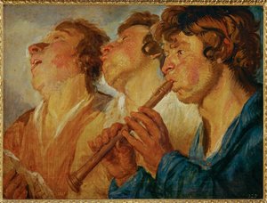 Tři potulní muzikanti, dva zpívají, třetí hraje... (malba na dřevě) od Jacob Jordaens