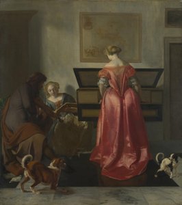 Dvě ženy a muž tvoří hudbu, cca 1675 od Jacob Lucasz. Ochtervelt