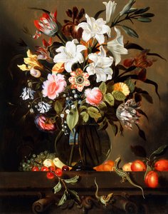 Kytice s ovocem a dvěma písečnými ještěry na kamenné římse, 1647