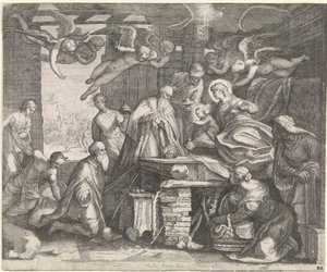 Klanění králů s anděly od Jacob Matham (workshop of)
