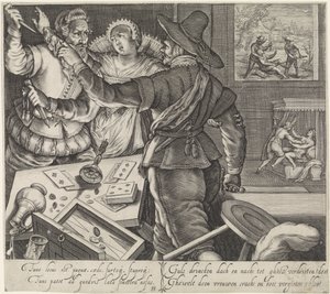 Hráči karet bojují s vytaženými zbraněmi Bojujte v nevěstinci The Effects of Drunkenness (název série) od Jacob Matham