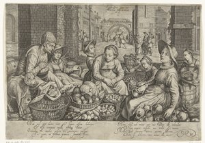 Trhová scéna s podobenstvím o dělnících na vinici v pozadí, asi 1600 od Jacob Matham