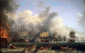 Potopení ruské bitevní lodi St. Evstafius v námořní bitvě u Chesmy, 1771.