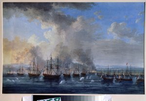 Rusko-osmanská válka: ""Námořní bitva u Damietty v roce 1770"" (Námořní bitva u Damietty v roce 1770) Postavila se proti flotilám Ruska Kateřiny II a Osmanské říše (Orloffova revoluce nebo Expedice bratří Orloffů). Malovat od Jacob Philippe Hackert