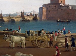 Pohled na přístav Taranto (Taranto) v Itálii v 18. století Dokaři v přístavu vykládající zboží, kočár tažený voly - Obraz Jacoba Philippa Hackerta dit Hackert d
