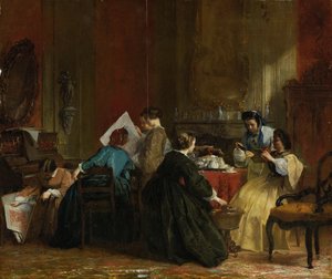 Skupina žen při pohledu na stereoskopické fotografie, kolem roku 1868 (olej na panelu)