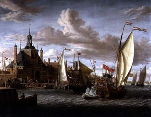 Jachta zeelandských států salutující u Dude Hoofdpoort, Rotterdam (olej na plátně) od Jacob Storck