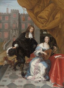 Pán dvořící se paní muzicírující na nádvoří, 1668 od Jacob de Fourmentrou