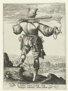 Mušketýr (harkebuzér?) s přilbou Důstojníci a vojáci (název série) od Jacob de Gheyn (II)