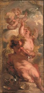 Alegorie Vanitas: Čtyři putti vyfukující bubliny, lebka, umělcova paleta a koruna poblíž (olej na plátně položeném na panelu)