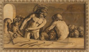 Hercules dostane Cerbera z podsvětí (Charon, převozník ze Styxu)