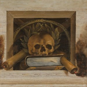 Zátiší Vanitas s lebkou s vavřínovým věncem, knihou a dvěma hořícími svíčkami