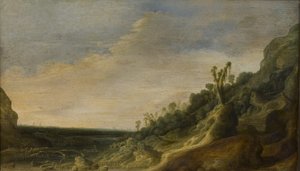 Horská krajina s výhledem na řeku a moře od Jacob van Geel