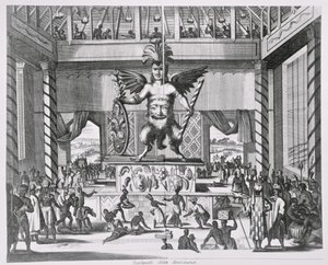Mexický bůh Huitzilopochtli, z „Montanus, nový a neznámý svět“, 1671