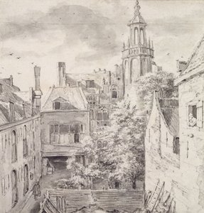 Pohled na nádvoří Domu lukostřelců Cechu svatého Šebestiána na Singel v Amsterdamu (tužka a mytí na papíře) od Jacob van Ruisdael