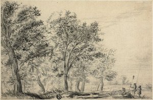 Zalesněná říční krajina s třemi lidmi rybaření od Jacob van Ruisdael