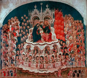 Malba korunovace Panny Marie v ráji na dřevě od Jacobella del Fiore (1370-1439). Galerie Accademia Benátky z 15. století