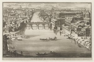 Pohled na Řím s Ponte Sisto přes řeku Tiberu Prospekt Pontis Sixti IV locorumq adjadentium (název na předmětu) Pohledy na Řím (název série) La Galerie agreable du mond (...) divisée en LXVI tomes...Cette partie comprend le Rome moderne od Jacobus Baptist