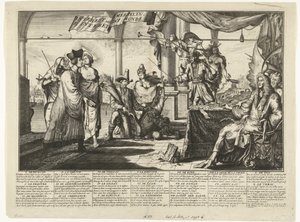 Karikatura právnické profese těžící z mužských hádek, 1687 Interest des