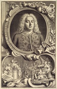 Portrét G.F. Händel, s nápisem „Izrael v Egyptě“, vydaný v Londýně od Jacobus Houbraken