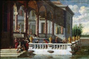 Italský palác s galerií a terasou (malba) od Jacobus Saeys