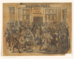Dav před knihkupectvím pro De Komieka od Jacobus Wilhelmus Adrianus Hilverdink (possibly)