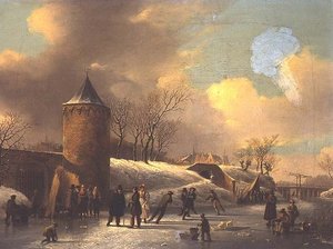 Bruslaři na zamrzlé vodní cestě u věže od Jacobus van der Stok