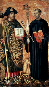 Svatý Jakub z Compostely zastoupený v pelerinu s holí, kloboukem a mušlí. a svatý Gilles poustevník (7. století), kolem 1450 (tempera a olej na panelu) od Jacomart (c.1413 61) Baco