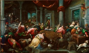 Očista chrámu aneb „Kristus honí obchodníky z chrámu““ Obraz od Jacopa Da Ponte dit Jacopo Bassano (1517 cca-1592) Sun. 160x265 cm Londýn, Národní galerie od Jacopo Bassano