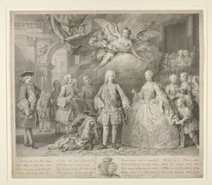 Ferdinand VI a jeho královna Maria Barbara z Braganzy se Scarlattim a slavným italským kastrátem Farinellim od Jacopo (after) Amigoni