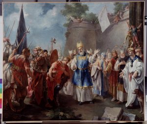 Císař Alexandr vzdává hold veleknězi Jaddusovi. Obraz připisovaný Jacopo Amigoni (nebo Giacomo Amiconi