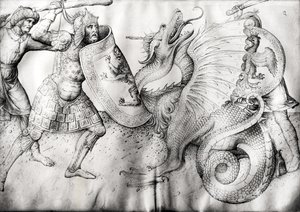 Bitva mezi válečníky a drakem, cca 1450 (inkoust na pergamenu) od Jacopo Bellini