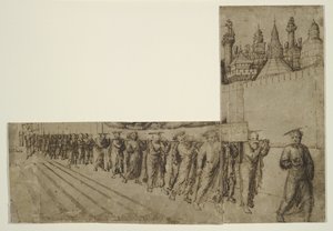 Pohřeb Panny Marie (hnědý inkoust přes černou křídu na krémově položený starožitný papír) od Jacopo Bellini