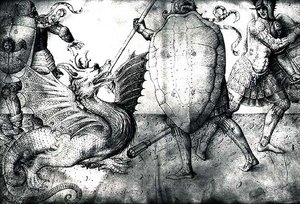 Válečníci bojující s drakem, cca 1450 (inkoust na pergamenu) od Jacopo Bellini