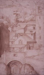 PD.53-1997 Pohled na klášter La Verna, vstupní bránu a zvonici, c.1607-12 (mytí, pero a inkoust na papíře) od Jacopo Ligozzi