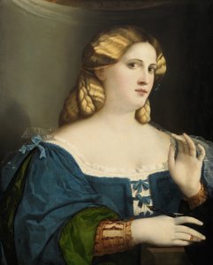 Mladá žena v modrých šatech s ventilátorem, 1512-1514