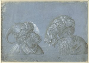 Dvě hlavy mužů s pokrývkou hlavy Hlavy mužů s mimozemskou pokrývkou hlavy (název série) od Jacopo Ripanda (attributed to)