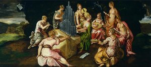 Soutěž mezi Múzami a Pieridem, Jacopo Robusti známý jako Tintoretto (1519-1594), olej na panelu, 46x91 cm