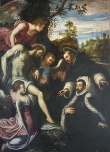 Mrtvý Kristus podpíraný třemi anděly, sv. Dominikem a donátorem od Jacopo Robusti Tintoretto
