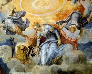 Dóže Niccolo da Ponte přijímající olivovou ratolest z Benátek, Jacopo Robusti známý jako Tintoretto (1518-1594), Detail, Sala del Maggior Consiglio (síň Velké rady), Palazzo Ducale, Benátky od Jacopo Robusti Tintoretto