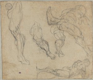 Figurky a nohy, 1575-80 (černá křída na potištěném papíře) od Jacopo Robusti Tintoretto