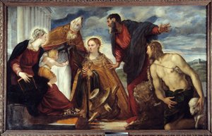 Panna a dítě se svatou Kateřinou, svatý Augustin, svatý Marek, svatý Jan Křtitel Obraz Jacopo Robusti dit Il Tontoretto (Tintoret) 1549 Ne. 1,93x3,14 m Lyon, Musee des Beaux Arts od Jacopo Robusti Tintoretto