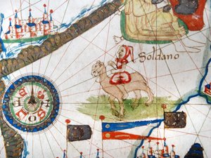 Arabský obchodník na velbloudu, detail z renesanční mapy Evropy, Jacopo Russo (po) 1528