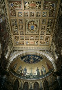 Vnitřní pohled na apsidu baziliky sv. Jana (San Giovanni in Laterano). Mozaika Jacopo Torriti (aktivní kolem 1291-14. století) a Jacopo da Camerino (aktivní kolem 1288-1331) představující Jeruzalém Celeste. Řím od Jacopo Torriti