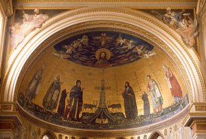 Vnitřní pohled na apsidu baziliky sv. Jana (San Giovanni in Laterano). Mozaika Jacopo Torriti (aktivní kolem 1291-14. století) a Jacopo da Camerino (aktivní kolem 1288-1331) představující Jeruzalém Celeste. Řím od Jacopo Torriti