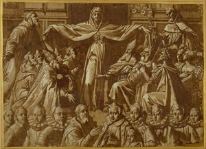 Madonna della Misericordia se sv. Františka a Dominika s dalšími světci a panovníky a rodinou dárců (pero a hnědý inkoust s lazurou a bílou barvou těla na papíře) od Jacopo Zucchi