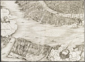 Pohled na Benátky [levý dolní blok], 1500. od Jacopo de Barbari
