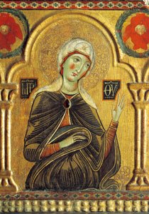 Postava Marie, od Vykupitele s Madonou a třemi svatými, od Meliore Toscano nebo Meliore di Jacopo (kolem 1255-1285), tempera a zlato na desce, 85x210 cm