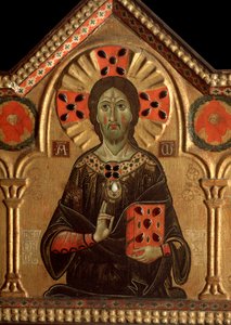 Polyptych s Vykupitelem a svatými: Detail Ježíše, jehož aureola je označena křížkem - olej na desce 1271